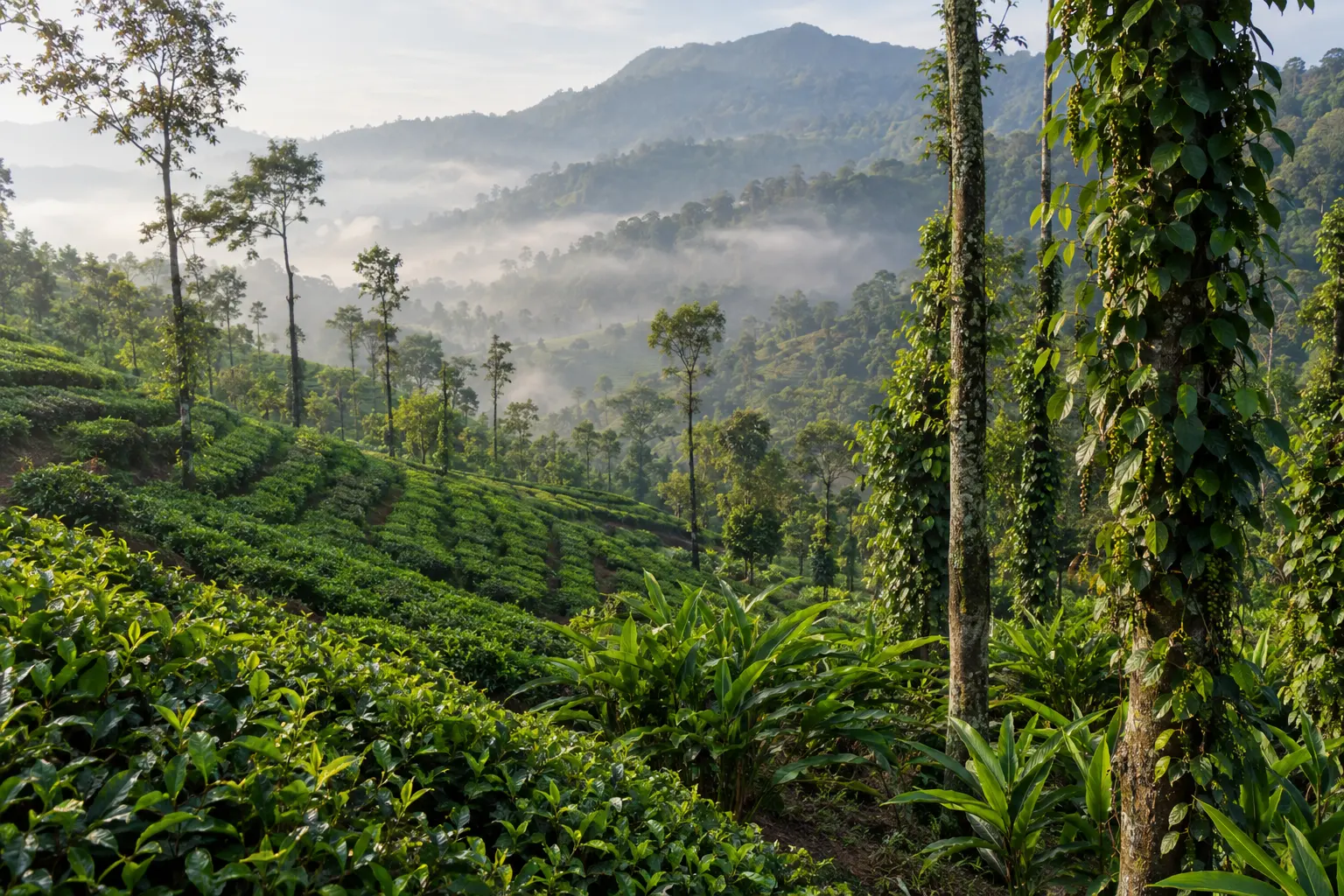 Tea and spice plantations in the hills of Kerala, South India